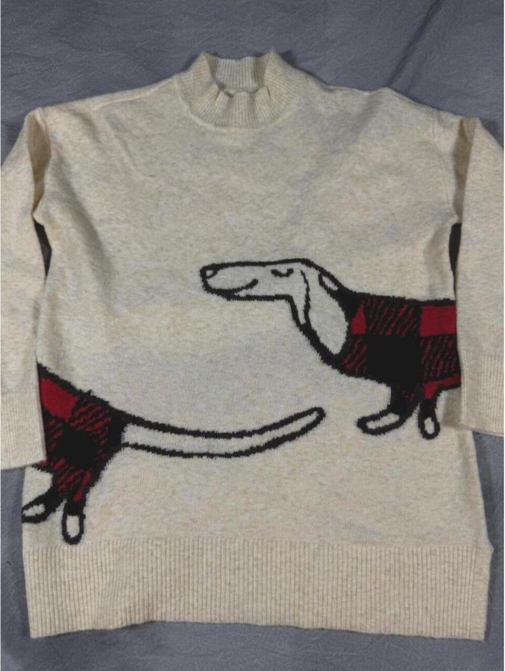 LOFT Dachshund Sweater Petite M Buffalo Plaid Dog Mock Neck Novelty Knit